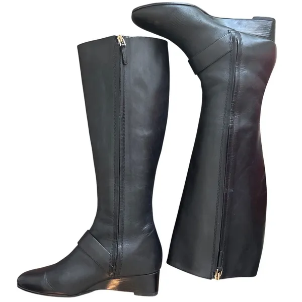 Tory Burch Moto Wrap Wedge Riding Boots Black Leather Gold Logo Size 8 - Image 7