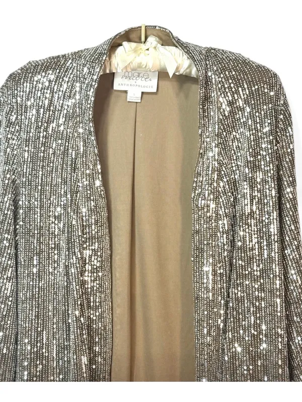 ANTHROPOLOGIE MARE MARE X Women’s Silver Sequin Duster Open Front Jacket Size S - Image 7