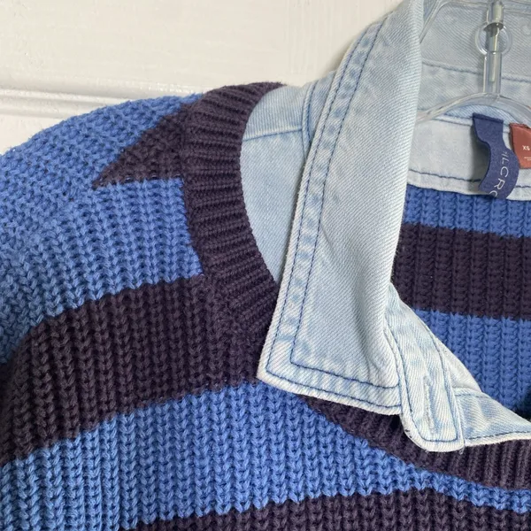 Pilcro Mixed Media Striped Sweater Womens Size‎ XS Blue Denim Layered Knit Top - Image 5