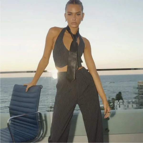 Pepper Mayo Hollywood Boulevard Vest Crop - Pinstripe M - Image 4
