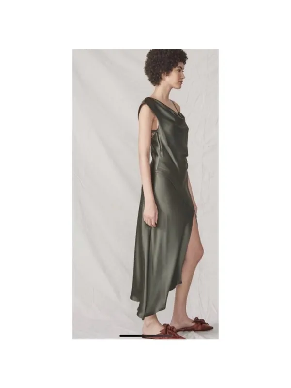 NWT ABS Allen Schwartz Everly Satin Drape Dress 2 Olive Green Slit One Shoulder - Image 3