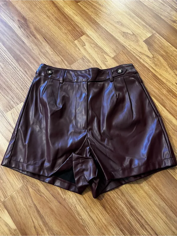 SHEIN Cream Turtleneck with Burgundy Faux Leather Shorts - Image 2