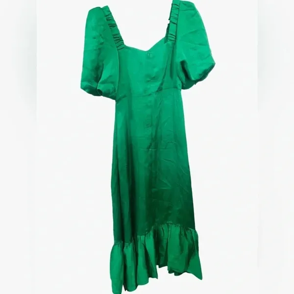 💚‎ Sandro Paris Rhinestone Cutout Green Midi Dress ✨ Puff Sleeve Glam 💚 - Image 3