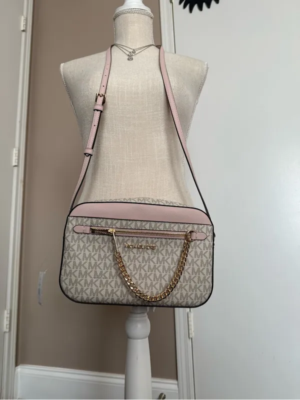 Michael Kors Beige Signature MK Crossbody with Pink Trim and Gold Chain - Image 2