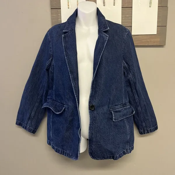 Abercrombie & Fitch Dark Wash Boxy Long Sleeve Jean Blazer Jacket Button Medium - Image 7