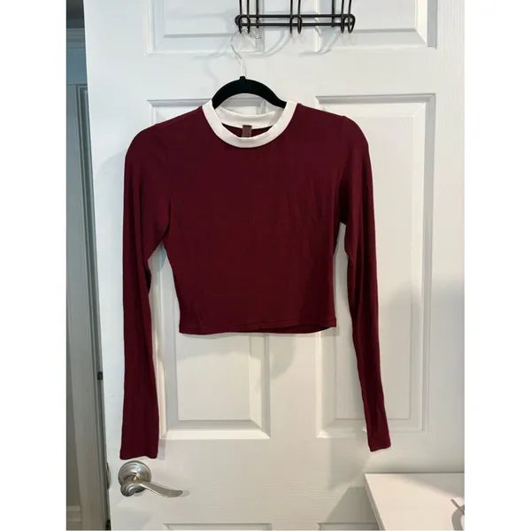 SKIMS Soft Lounge Wine Ribbed Long-Sleeve Ringer Cropped Crew White Neck Trim - Image 3