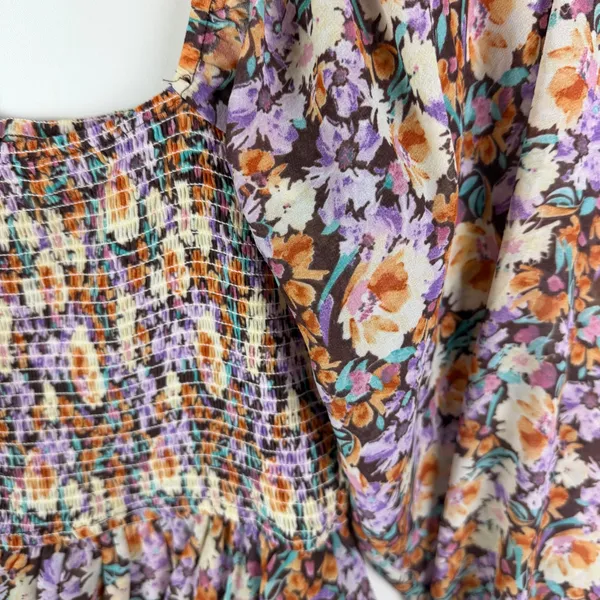 Entro Floral Smocked Tiered Mini Dress Romper Medium Cottage Boho Festival Flowy - Image 5