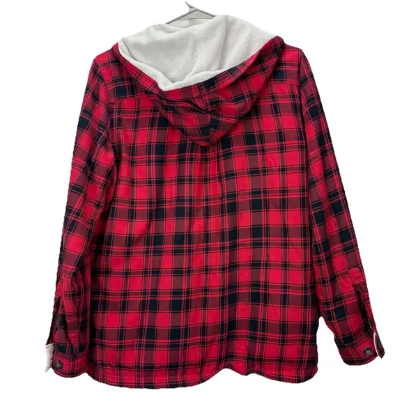 LL Bean Red Buffalo Plaid Fleece Lined‎ Flannel Hooded Shirt Jacket Shacket XS - Image 7