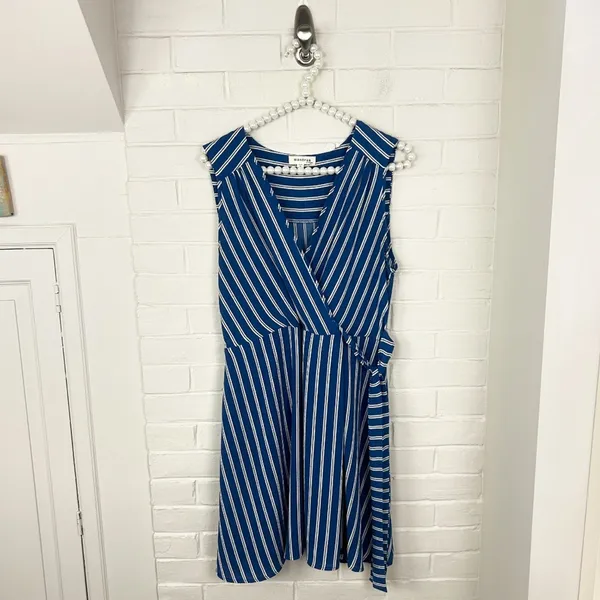 Monteau Blue White Striped Faux Wrap Mini Dress Size L - Image 2