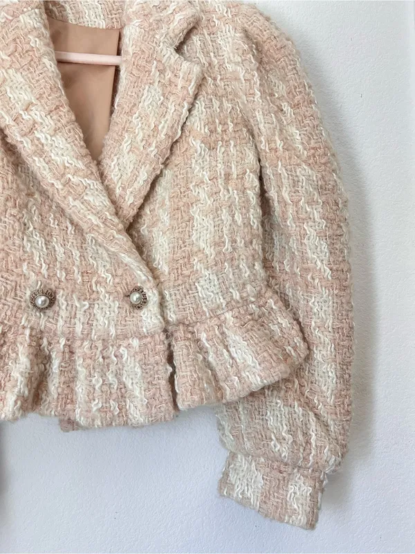 LoveShackFancy Braelyn Crop Jacket Small‎ Cream Bouclé Tweed Peplum Jacket $595 - Image 6