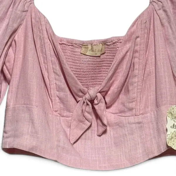 Altar'd State Linen Puff Sleeve Tie Front Cropped Blouse Top Pink Medium - Image 3
