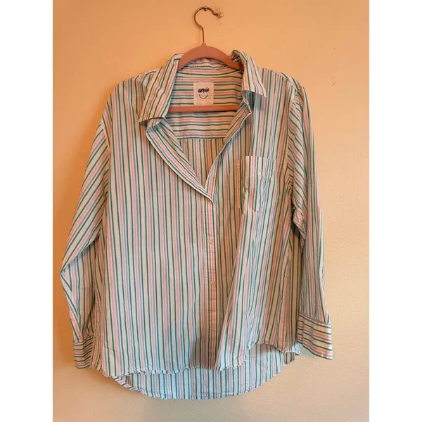Aerie Button Down Shirt Women Large Green Pink Striped Coastal Relaxed Fit Top - Image 4