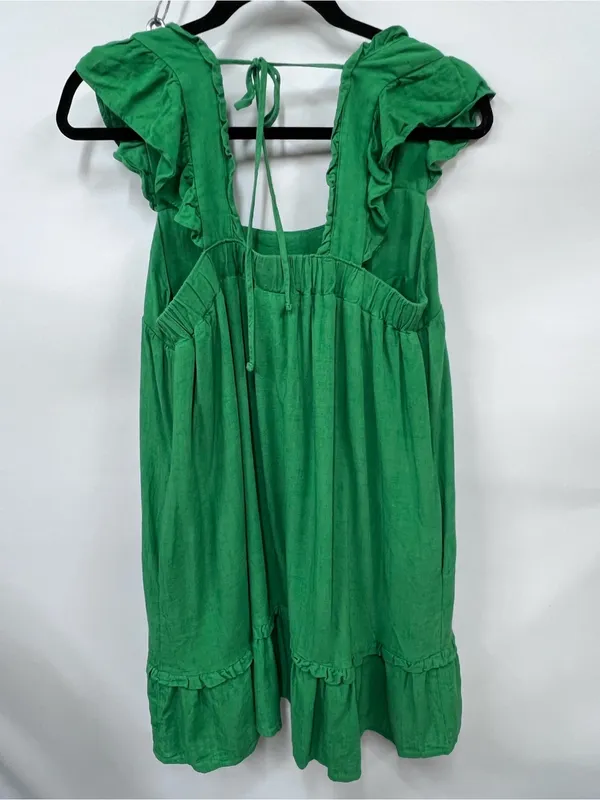 Linen blend Green Ruffled Sun mini Dress size L - Image 10