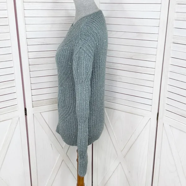 Nine West Scalloped Sleeve‎ Sequin Shimmer Sweater Sage Green Silver XS - Image 2
