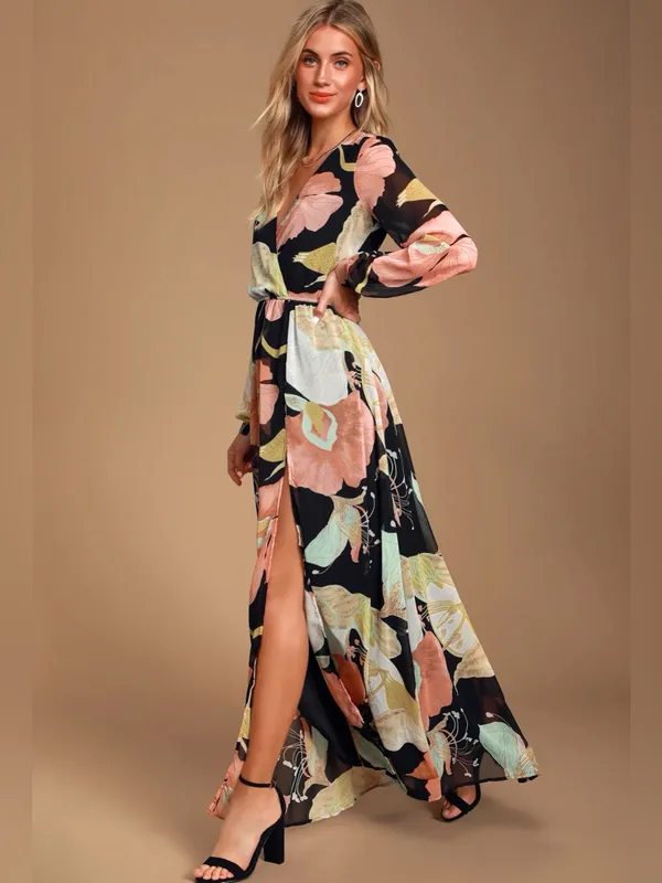 Lulus NWT Women Medium Black Pink Floral Lily Print Maxi Dress Summer Wedding - Image 3