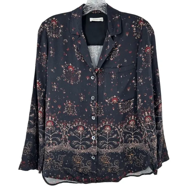 Rebecca Taylor Black Fleur Silk Button Down Shirt Size XS Floral Print - Image 3