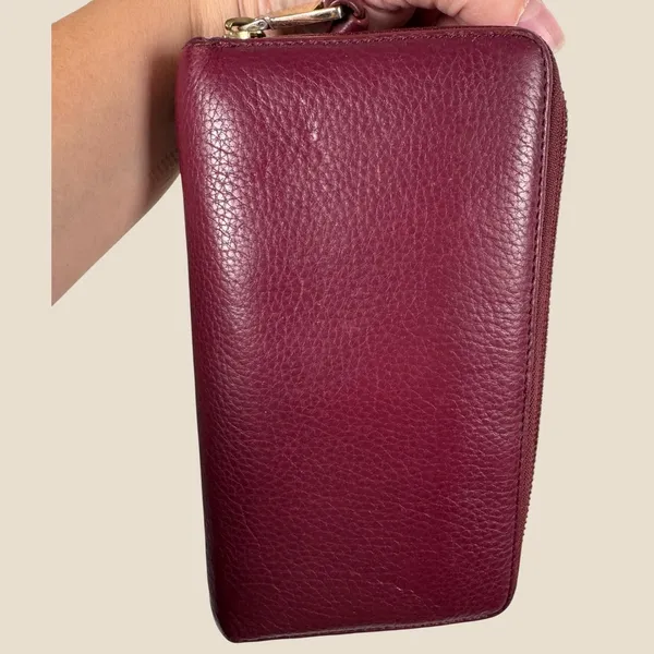 Tory Burch Pebbled Leather Zip Around Continental Wallet Burgundy Logo Clutch - Image 2