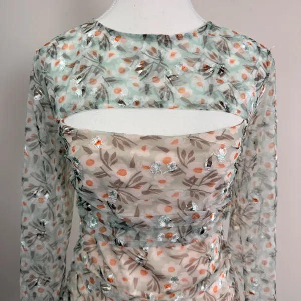 Selfie Leslie First Class Floral Ruched‎ Mesh Cutout Long Sleeve Mini Dress Med. - Image 5