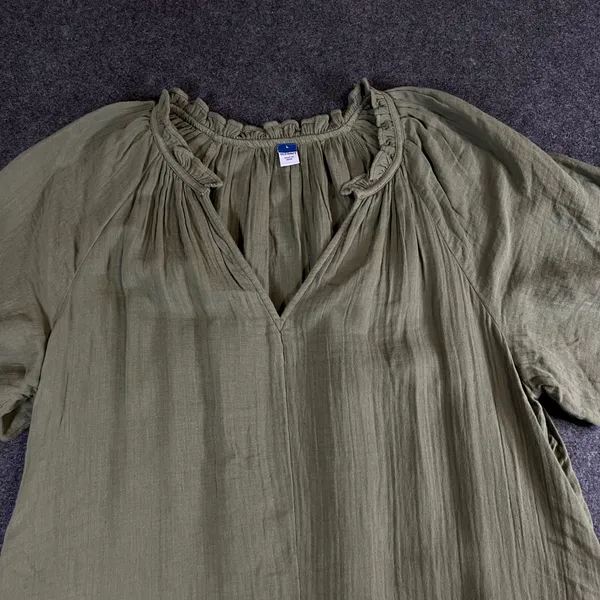 Old Navy Womens Olive Green Cotton Gauze Ruffle Neck Shift Dress Large Short Slv - Image 8