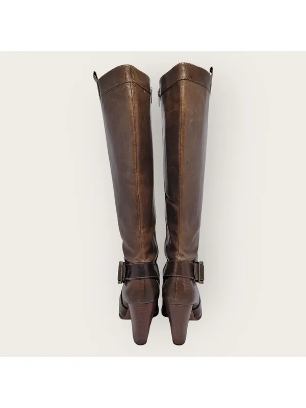 Frye Andrea Belted Tall Full Zip Brown Leather Riding Boot Size 10M 77321 - Image 9