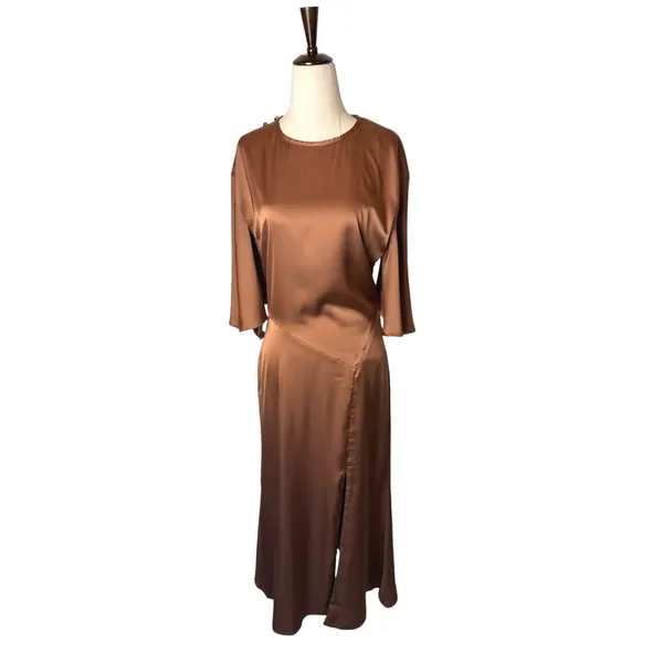 BHLDN Anthropologie Midi Dress Women Medium Brown NWT Satin Open Back Side Slit - Image 2