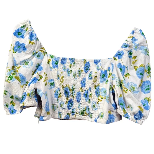 Zara Linen Blend Floral‎ Crop Top Puff Sleeve Smocked White Blue Women's M - Image 5
