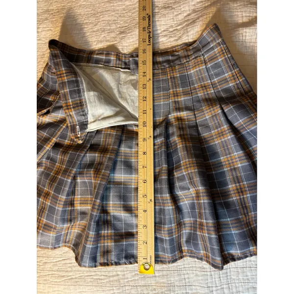 Grey and Orange Plaid Pleated Mini Skirt High Waisted Schoolgirl Style Size M - Image 4