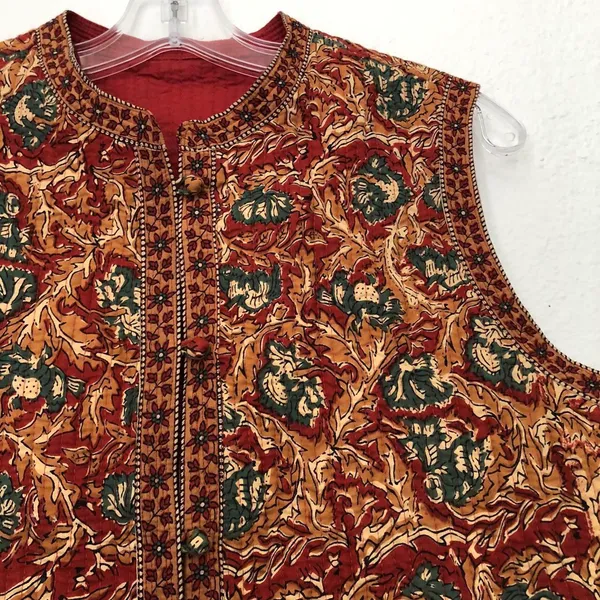 90s Retro Vintage red orange green brown paisley quilted vest sleeveless jacket tunic mock neck Size L, measurement in pics #boho #whimsygoth - Image 2