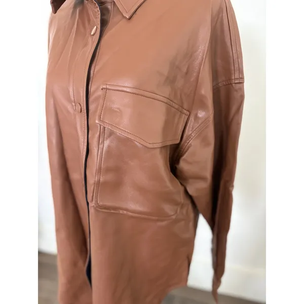 En;semble Faux Leather Shirt Jacket Button Down Oversized Brown‎ Shacket Medium Brown - Image 2