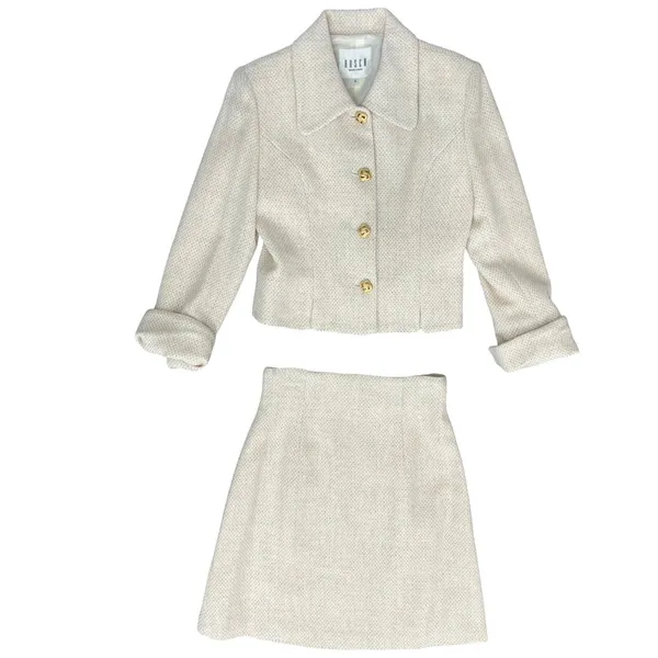 Bosch White Beige Cream Gold Button Luxury Regal Tweed Skirt Suit size 6 / L - Image 3