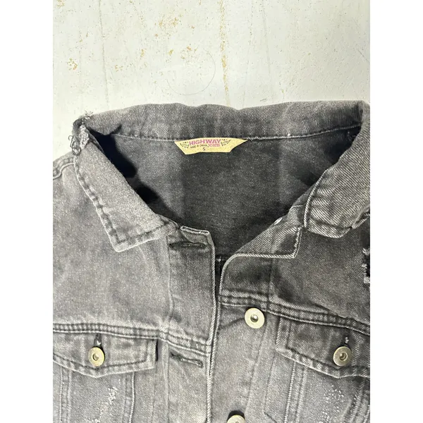 Highway Jeans Distressed Denim Jacket Washed Black Gray Trucker Mens Small - Image 3