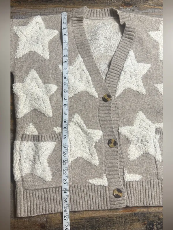 Cozy Star Pattern Cardigan Sweater - Taupe & Cream - Image 6