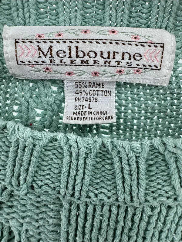 Melbourne Elements Pom Pom crochet Knit Patchwork Sweater sage L cottage - Image 9