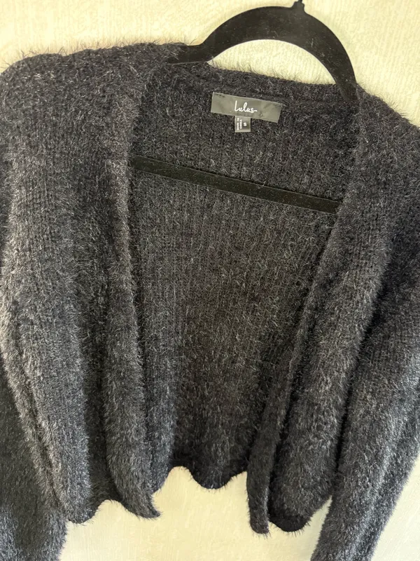 Lulus Black Fuzzy Eyelash Knit Cropped Open Front Cardigan Size Small - Image 6