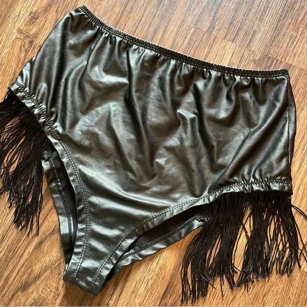 Body Rage Black Faux Leather Fringe Bikini Cut Bottoms Shorts Sz Large - Image 3