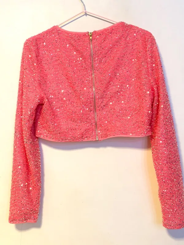 SHEIN Sequin High Neck Long Sleeve Crop Top Glitter Bright Hot Pink Womens Large - Image 3