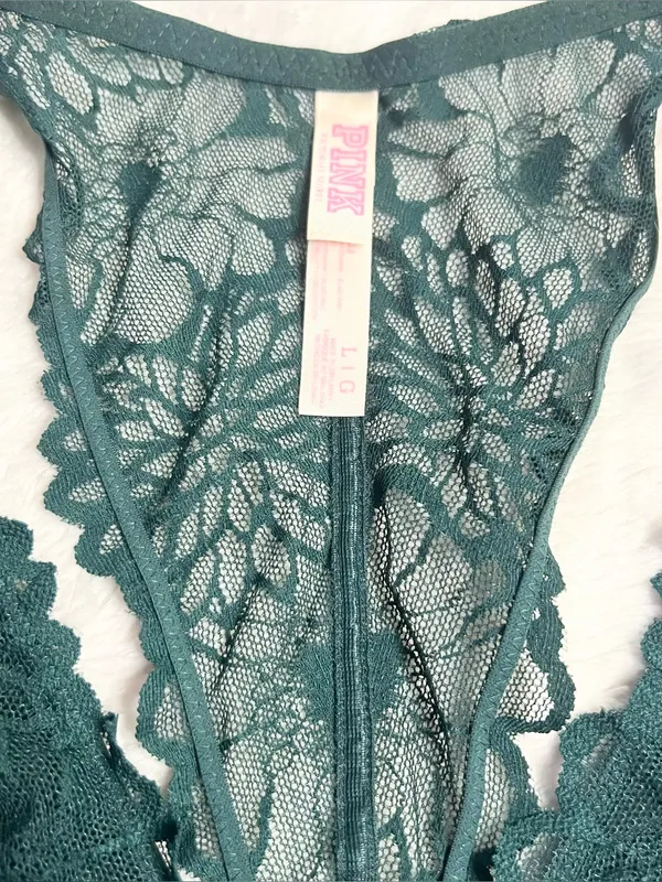VS PINK Dark Green Lace Racerback Bralette Wireless Comfort Bra Size Large - Image 7