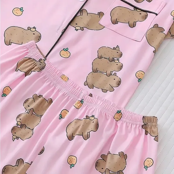 Pink Teddy Bear Pajama Set with Piping Details - Image 7