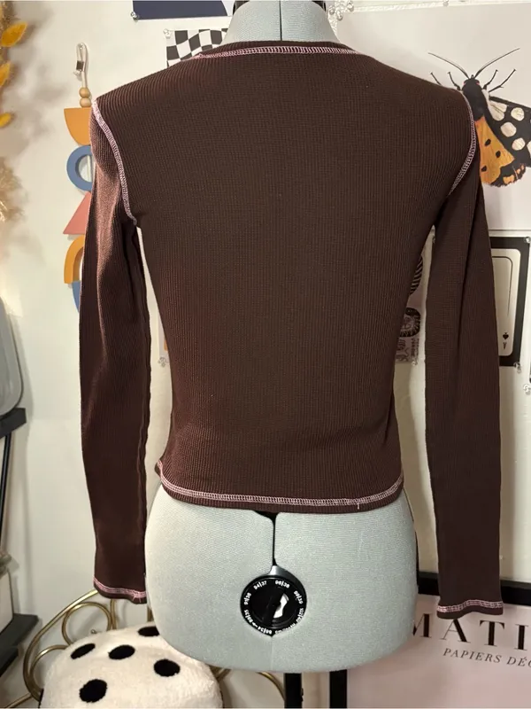 ALAB Y2K Brown Thermal Long Sleeve Contrast Stitch Top Size S - Image 5