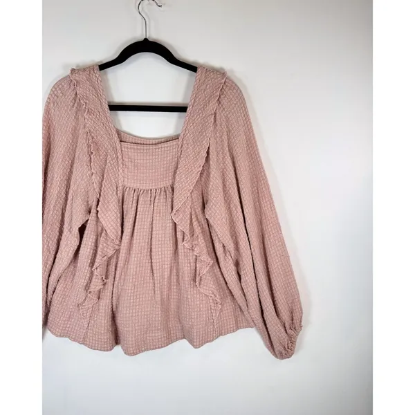 Free People Womens Top Pink Bonnie Ruffle Plaid Babydoll Blouse Stretch Boho XS - Image 7