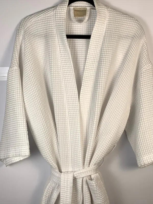 Monarch White Waffle Weave Spa Robe Unisex One Size Belted Hotel Resort Cotton - Image 2