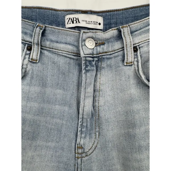 ZARA Straight leg High Rise Distressed Jeans Womens Size 8 Light Wash Boho Denim - Image 4