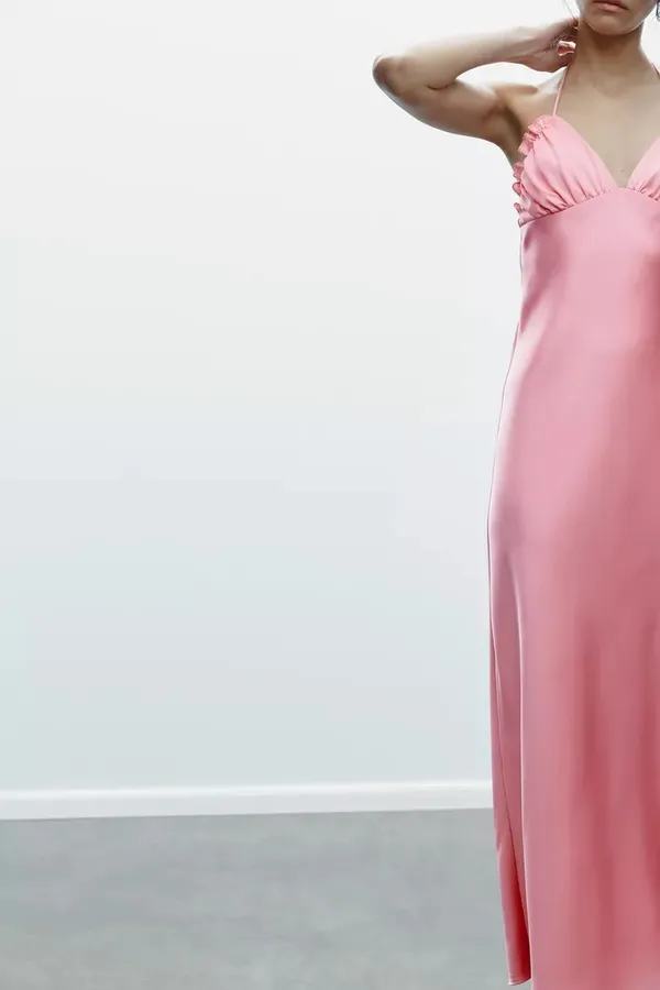 Zara Maxi dress Pink Satin ruffle bodycon party wedding summer evening - Image 12
