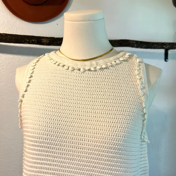 Ann Taylor White Cotton Crochet Knit Loose Bubble Trim Sleeveless Tank Vest Size Medium - Image 2