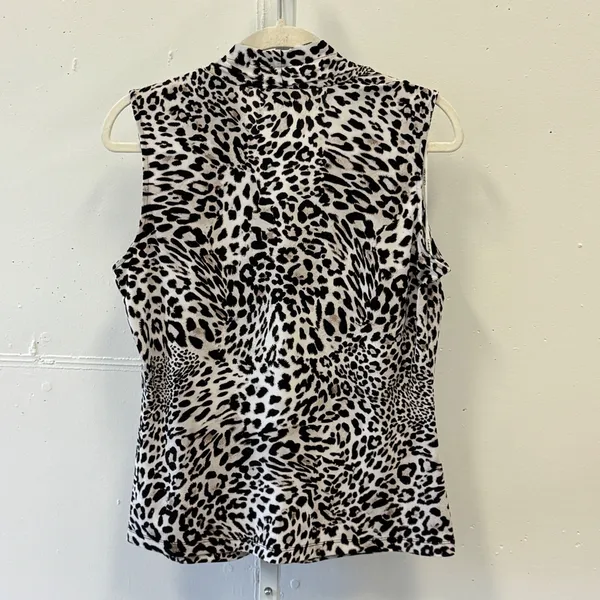 Calvin‎ Klein Leopard Animal Print Sleeveless V-Neck Blouse Top White Black Med - Image 2