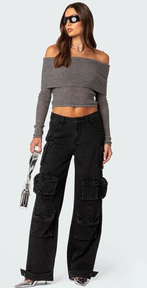 Off The Shoulder Gray Sweater - Image 2