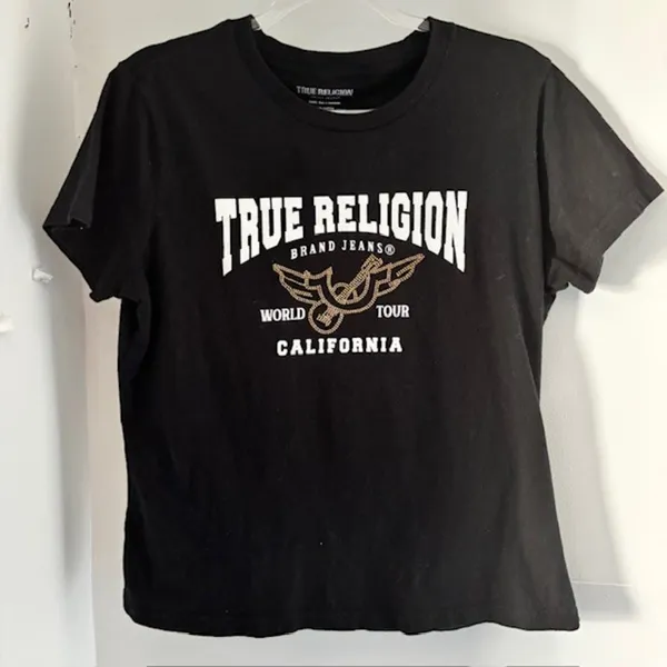 True Religion Women’s XL Black World Tour California Rhinestone Logo Graphic Tee - Image 2