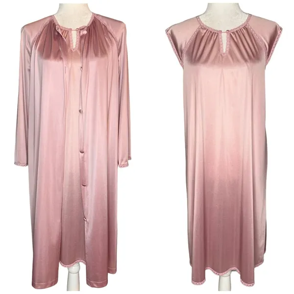 Vanity Fair Small 2 Pc Set Gown Duster Robe Vintage Made In USA Tricot Nylon‎ - Image 2