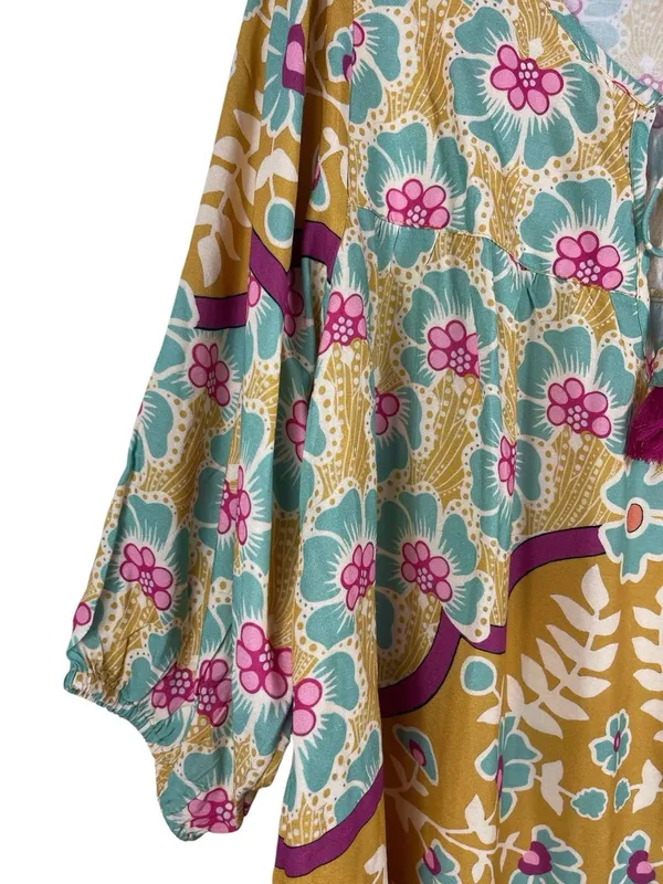 Natural Life Boho Floral Tassel Peasant Top M Mustard Teal Pink 3/4 Sleeve - Image 5