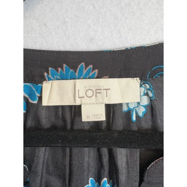 Loft Floral Border Print Split Neck Blouse Black Blue Boho Top Medium - Image 6